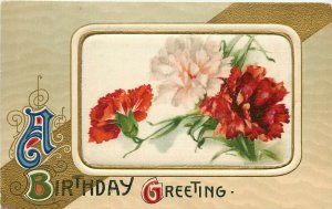 Winsch Embossed Birthday Postcard Carnation Flowers on Silk Inset unposted