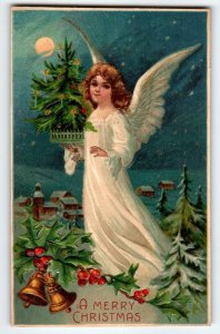 Angel Holds X-mas Tree Moon Stars Christmas Postcard Germany Vintage BW Germany