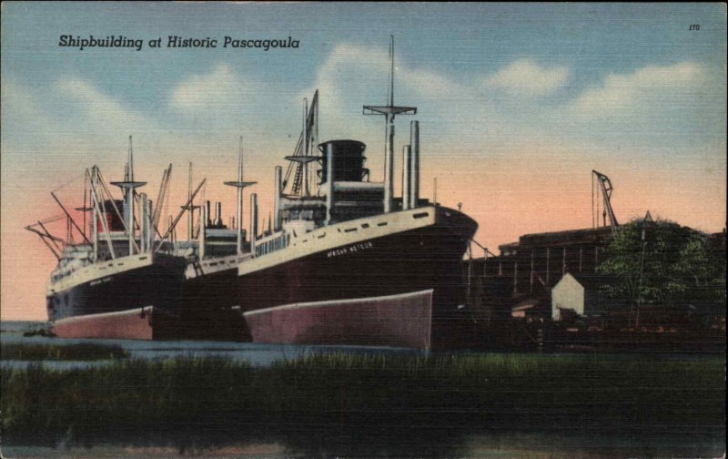 Pascagoula River Mississippi MS Ship Building Linen Vintage Postcard
