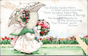 Postcard Girl in dress with flowers - fields bestir them the Master saith Arise