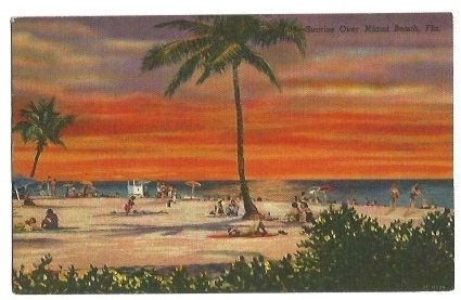 Sunrise over Miami Beach Florida Vintage Linen Postcard