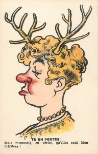 French misogynist humor comic woman horns caricature postcard