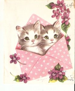 Two lovely kittens in a pink envelope Modern French folded card