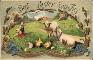 Easter Lambs and Children Baby Chicks c1910 Vintage Postcard