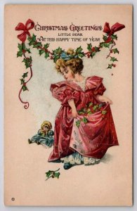 Christmas Greetings Adorable Victorian Child In Red With Her Doll Postcard C39