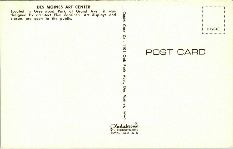 Des Moines Art Center Greenwood Park Grand Ave Postcard Plastichrome VTG UNP 