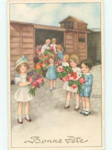 foreign Old Postcard signed FRENCH GIRLS UNLOADING FLOWERS FROM THE TRAIN AC3332