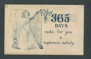 1915 Post Card New Years Girl W/Harp Sends Romantic Greeting