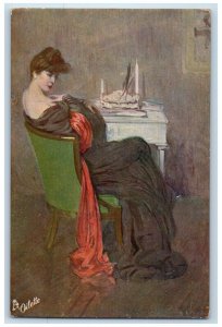 Pretty Woman Postcard Wearing Dress Sat On Chair Oilette Tuck's c1910's Antique
