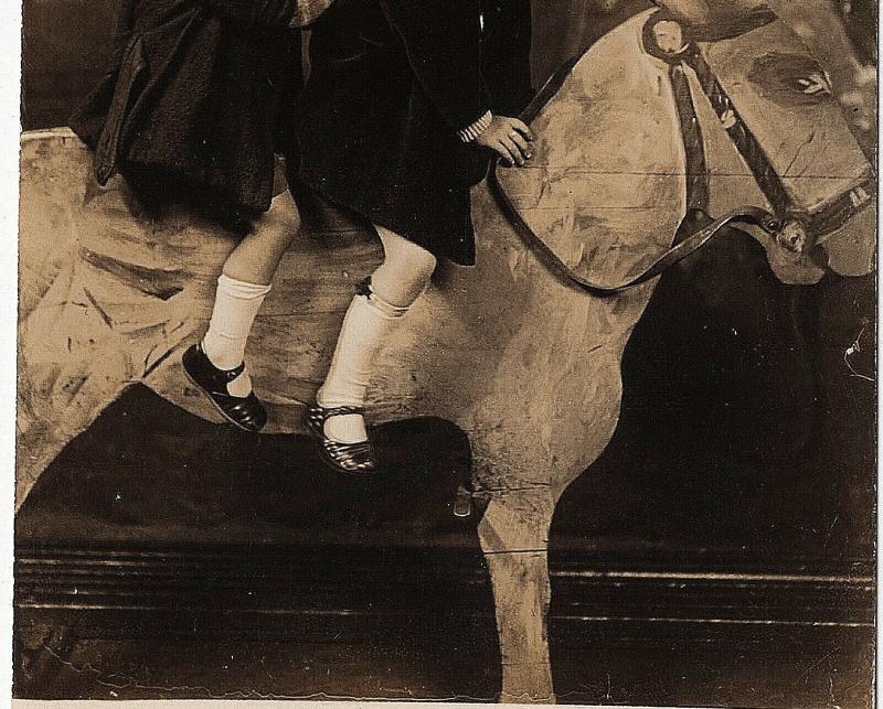 1927 RPPC Brother & Sister Rucker on Wooden Donkey Jackass Real Photo Postcard