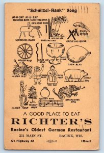 Racine Wisconsin WI Postcard Richter's German Restaurant Bank Song Exterior 1938