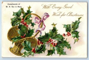 c1905 Christmas Holly Berries On Basket Embossed Tuck Antique Unposted Postcard