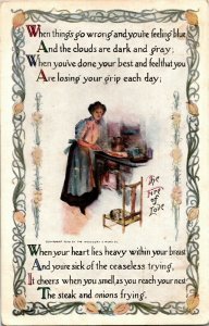 Woman at Cook Stove, The Fire of Love Vintage Postcard E16