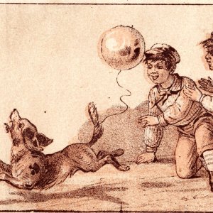 c1880s Boys Tease Dog Puppy Balloon Tail Lith Art Trade Card Newsboy Knicker C51