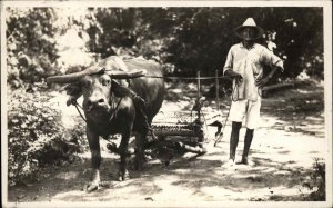 Farmer & Oxen Sled Manila Philippines Cancel Real Photo Postcard