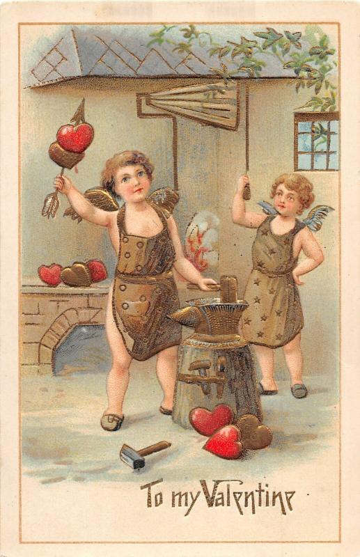 F12/ Valentine's Day Love Holiday Postcard c1910 Gold Blacksmith Anvil 5