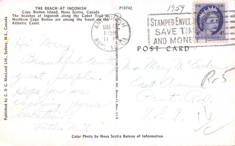 INCONISH CAPE BRETON ISLAND NOVA SCOTIA CANADA-THE BEACH POSTCARD 1959 PSTMK