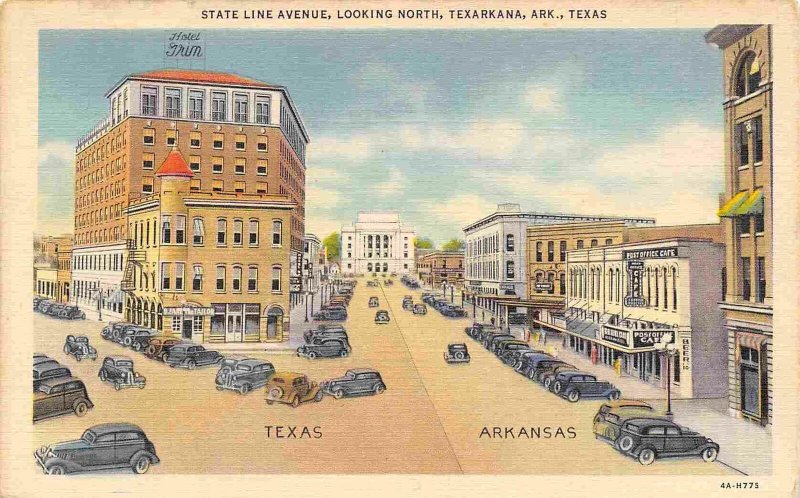 State Line Avenue Looking North Texarkana Arkansas Texas linen postcard