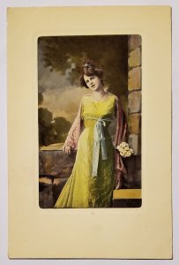 Pretty Lady With Bouquet Colorful Dress Stone Castle Chateau Postcard M26