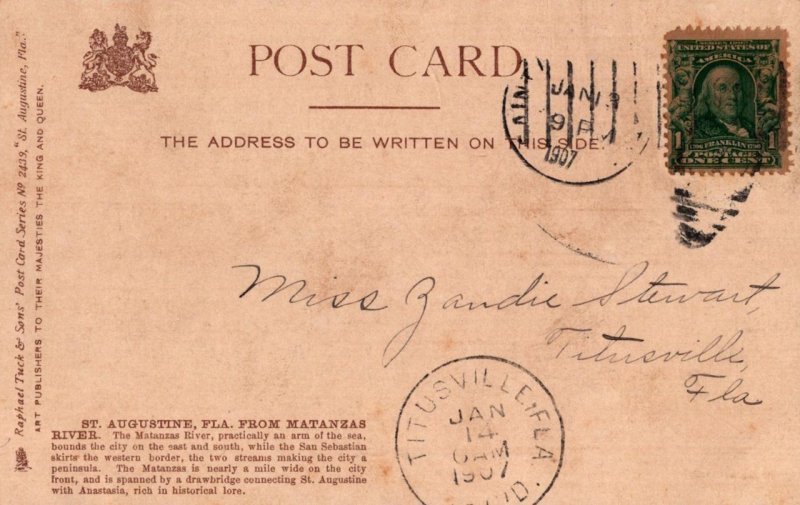 SHIPS MATANZAS RIVER ST. AUGUSTINE FLORIDA POSTCARD 1907