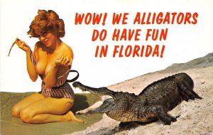 J52/ Interesting Postcard Chrome Nude Alligator Florida Woman 270