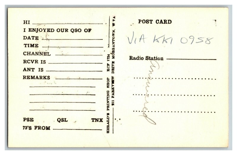 QSL Radio Card From Morgantown W. Va. West Virginia 4Q1566 