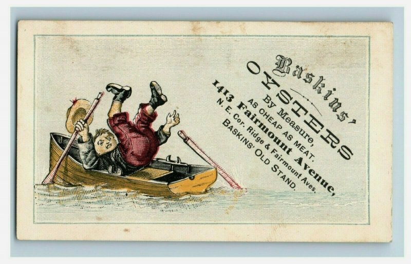 1870's Engraved Baskins' Oysters Comical Boy Falling In Boat P165