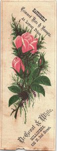 c1880 DeGROAT & WHITE HANDSOMELY TRIMMED HATS BONNETS FLORAL TRADE CARD 40-105