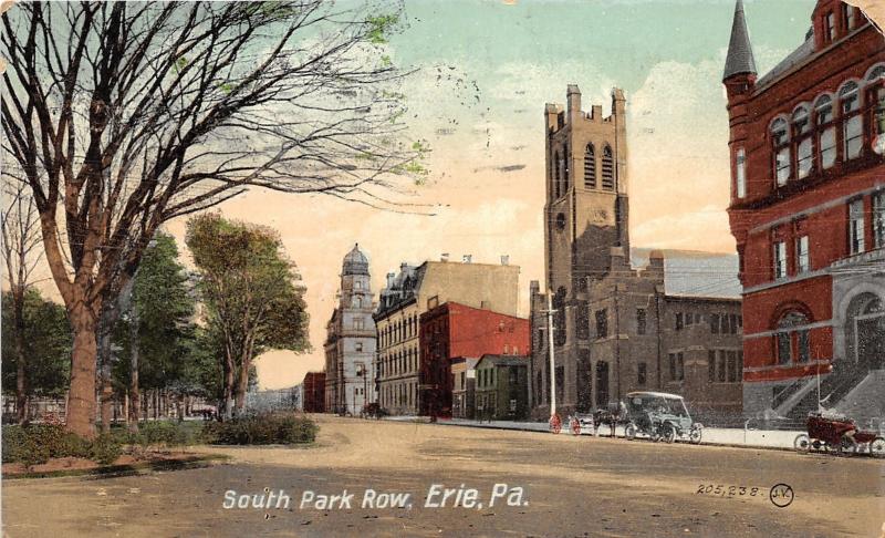 Erie Pennsylvania~South Park Row~Church-Vintage Car-Horse Wagons~1909 Postcard