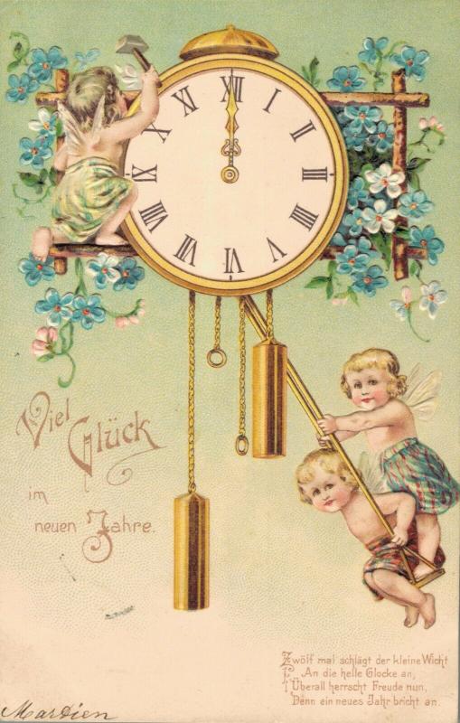 Happy New Year vintage postcard Angels and a Clock 02.52