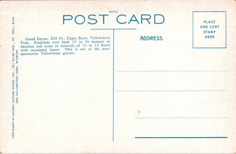 Vintage Postcard GRAND GEYSER, YELLOWSTONE NATIONAL PARK Ji-4