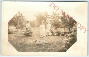 c1930s Grown Men Laying in Grass Park RPPC Real Photo Yard Octagon Frame A22