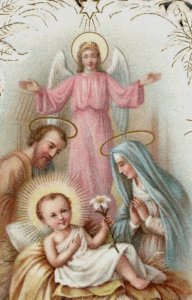 1870s-80s Die-Cut Dresden Religious Latin Baby Jesus Manger Angel Mary F139