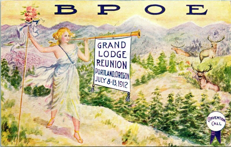 Vtg Postcard BPOE 1912 Grand Lodge Reunion Portland Oregon Lady In Hills w Horn 