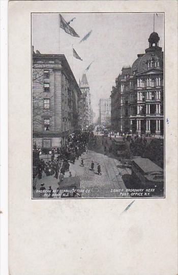 New York City Street Scene Trolleys On Lower Broadway Near Post Office