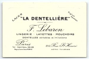 c1920 PARIS LA DENTELLIERE LACES LINGERIE F. LEBARON ADVERTISING CARD Z5503