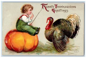 Thanksgiving Greetings Little Boy Sat On Pumpkin Turkey Clapsaddle Postcard 