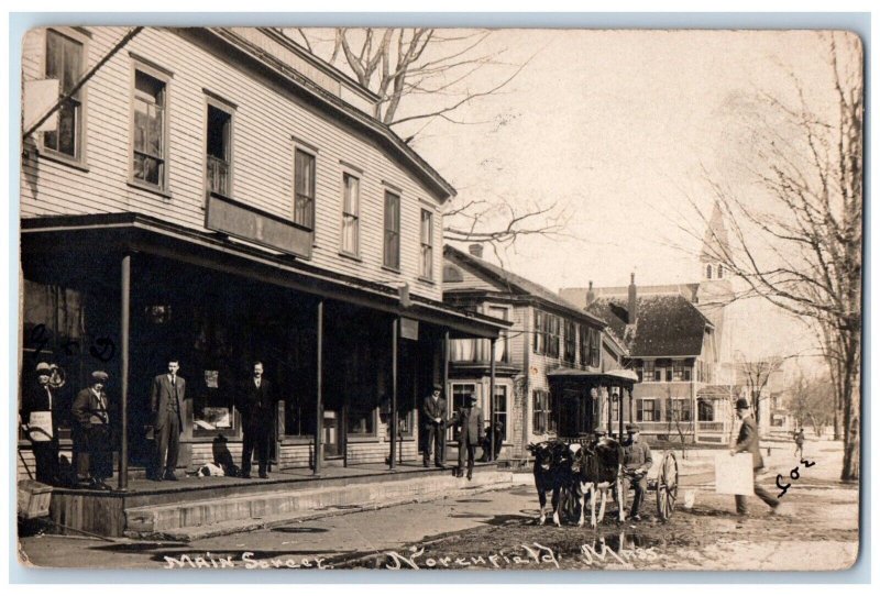 1912 Main Street View Dog Cows Wagon Church Northfield MA RPPC Photo Postcard 