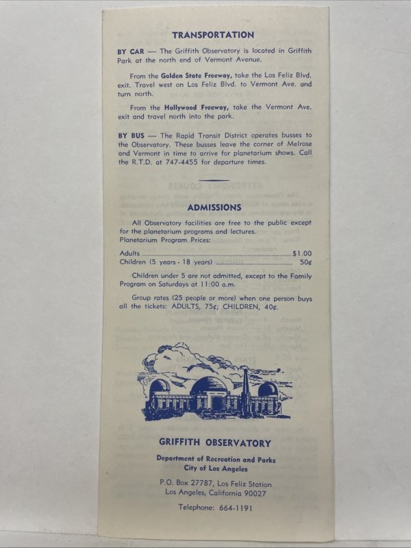 Planetarium Griffith Observatory Los Angeles, California Vtg Brochure
