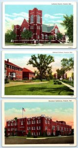 3 Postcards FREMONT, NE ~ Auditorium MIDLAND COLLEGE Lutheran Church c1930s