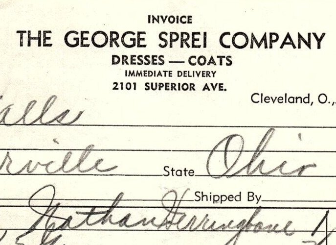 1939 THE GEORGE SPREI COMPANY CLEVELAND OH DRESSES COATS BILLHEAD INVOICE Z3508