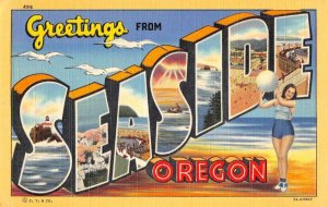 Seaside Oregon Greetings Large Letter Linen Vintage Postcard AA32546