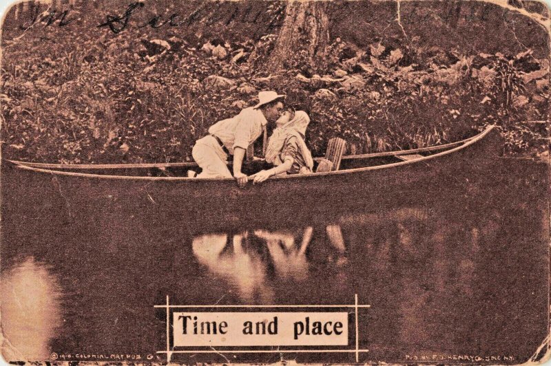 RPPC Postcard-Time And Place-Romantic Canoeing-Antique C1910-Real Photo (E4)
