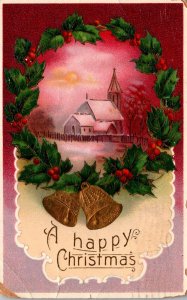 Merry Christmas Gold Bellls and Holly 1912