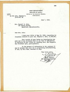 War Department 1942 response ,Major General concerning status of Son during WW2