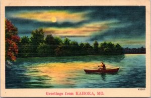 Postcard MO Kahoka - Greetings - NYCE Landscape Person in rowboat at night