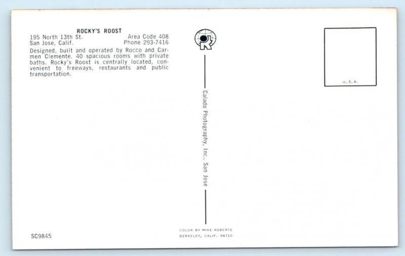 SAN JOSE, California CA ~ Roadside Motel ROCKY'S ROOST LODGING HOUSE  Postcard