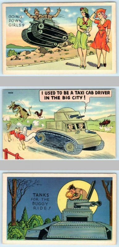 3 Postcards WWII Era Army Military COMICS  TANKS ca 1940s Linens