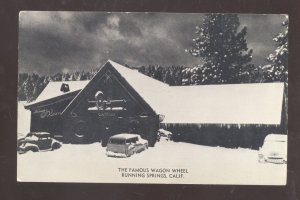 RUNNING SPRINGS CALIFORNIA THE FAMUS WAGON WHEEL RESTAURANT OLD CARS POSTCARD