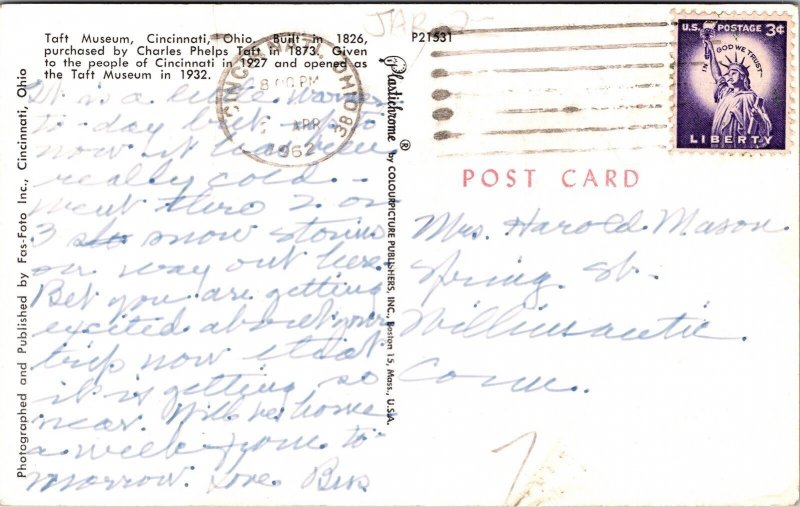 Taft Museum Cincinnati Ohio OH Postcard PM Cancel WOB Note Plastichrome VTG 3c 